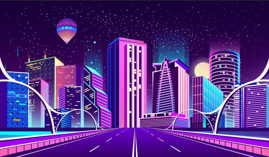 未来科技科幻霓虹灯渐变绚丽城市建筑夜景灯光插画AI/PSD设计素材100套【057】